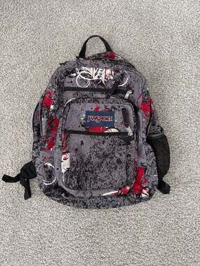 JanSport Big Student Backpack Grey Red Black Graphic Print Vintage